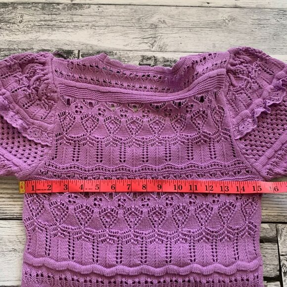 Zara Pointelle Knit Crochet Puff Sleeve Scoop Neck Lavender Cropped Sweater - Picture 11 of 13